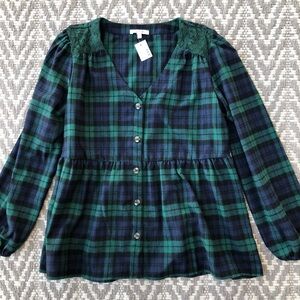 Maurices blue plaid button front baby doll top size medium